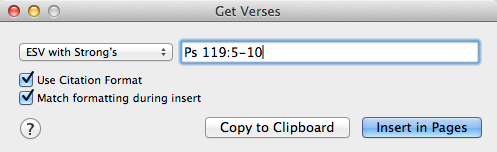 The Get Verses dialog box is used to enter a scripture reference and to then copy that scripture to other programs on your computer.