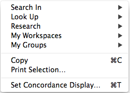 Shortcut menu accessed from a Report Tabs (Analysis, Concordance, Table, Book Name, Text Differences, Timeline Report, and Tool Table Tabs)