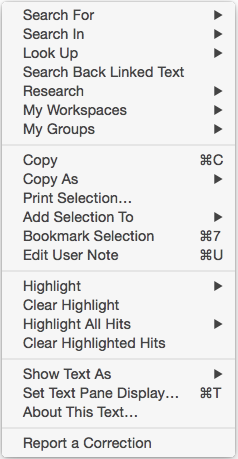 Shortcut menu for a Bible Text Pane (Search, Parallel, Text, or Reference List Tabs)