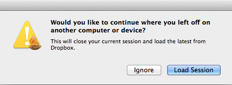 Message received if you are syncing the current session with Dropbox and have started Accordance on another device also synced to Dropbox. Simply click Load Session to load the synced session.