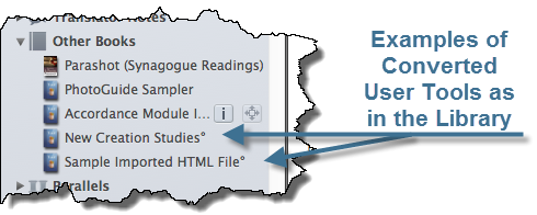 Examples of converted User Tools as they appear in the Other Books category of the Library, marked with a degree symbol