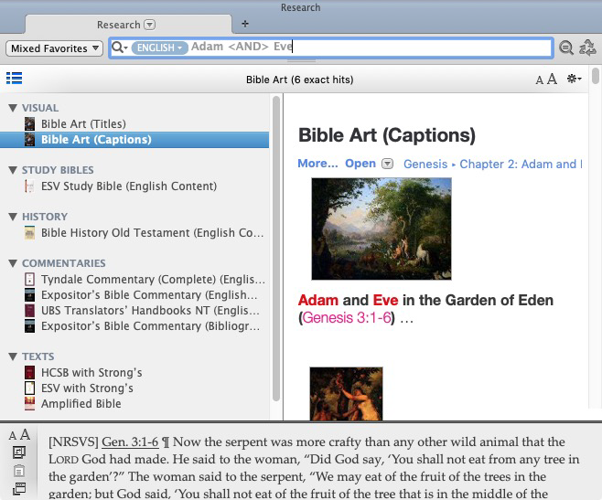 Research tab showing search results in a variety of modules on the search argument: Adam <AND> Eve