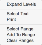 Shortcut menu for a Table of Contents item in the Tool Browser: you can select what to display in the Tool, or choose to print a particular section