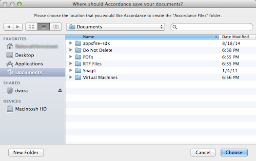 Setup Assistant: The Finder is opened for saving Accordance documents in an Accordance folder in your Documents directory