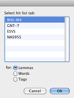 Select hit list tab dialog box for tagged Greek and Hebrew text