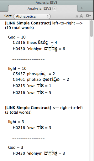 Analytic tab for a Construct Search performed in both directions