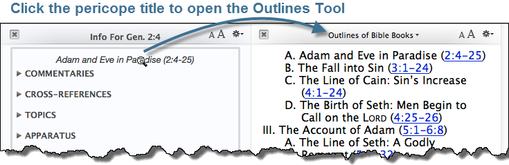 Clicking the pericope title to open the Outlines Tool