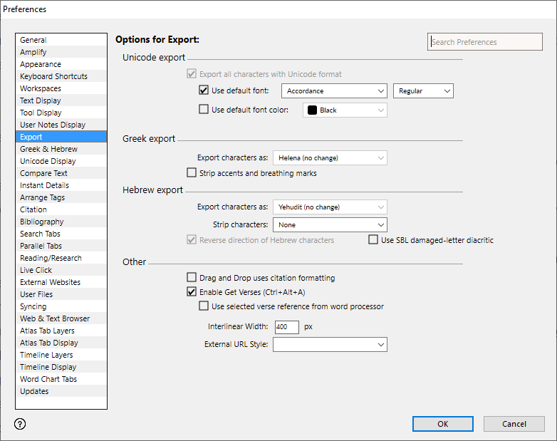 Export Area of Preferences Dialog Box