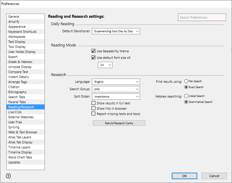 The Reading/Research area of the Preferences dialog box