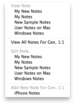 Opening User Notes or other User Notes options from the page icons