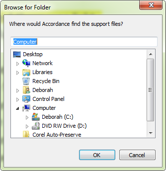 The Browse for Folder dialog box is used to select a location other than your C:/ drive for storing all Accordance Files