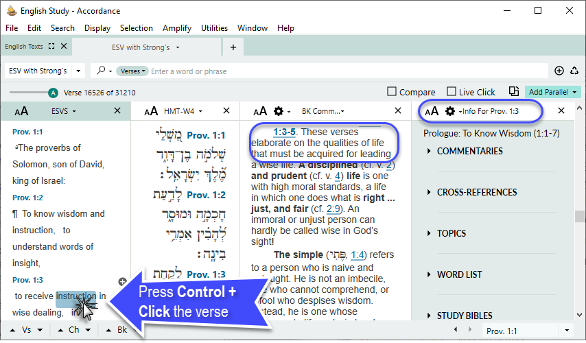 Changing the focus of all tied panes and the Info pane, to match a verse of interest in the active pane