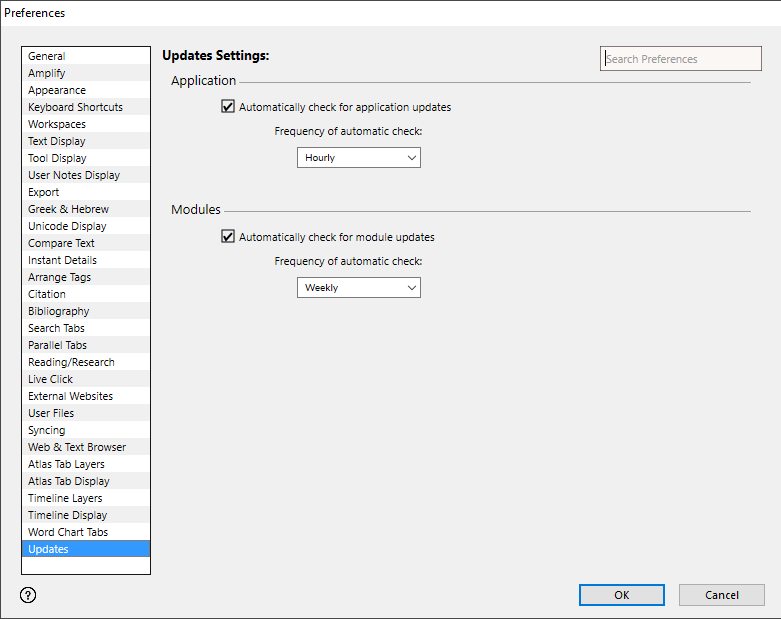 Updates area of the Preferences dialog box: This is used to set how Accordance checks for application and resource updates