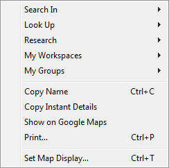 Shortcut menu for a map in a Map tab